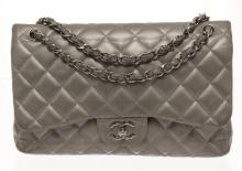 Chanel Grey Leather Large Double Flap Shoulder Bag