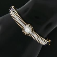 Vintage Victorian Revival 14K Gold Pearl Diamond Enamel Hinged Bangle Bracelet