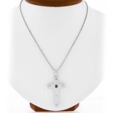 Unisex Vintage 18K Gold Emerald & Diamond Textured Cross Pendant & 24" Box Chain