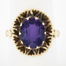 Antique Victorian 14K Gold Oval Amethyst Solitaire w/ Heart Open Work Halo Ring