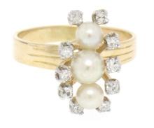 Vintage 14k Yellow Gold Pearl Diamond Accents Halo Elongated Dinner Ring Sz 7.5