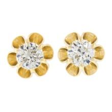 NEW 14K Yellow Gold 0.76 ctw European Diamond Buttercup Prong Flower Stud Earrin