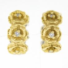 Vintage 18K TT Gold Diamond Textured Rose Flower Reversible Hoop Huggie Earrings