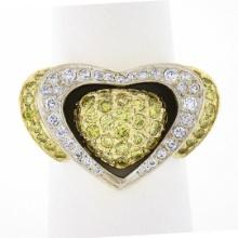 Vintage 14k TT Gold Pave Fancy Yellow & White Diamond Large Wide Dual Heart Ring