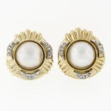 Large 14k Yellow Gold 13.9mm Mabe Pearl & 0.12 ctw Round Diamond Button Earrings