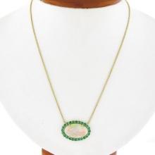 NEW 14k Gold 6.31 ctw GIA Oval Cabochon Opal w/ Emerald Halo Pendant Necklace