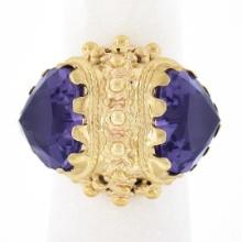 Vintage Victorian Revival 14k Gold Dual Amethyst Bead Work Twin Heart Dome Ring