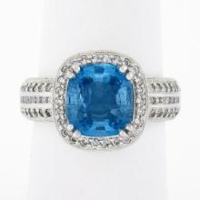 Platinum 3.58 ctw Cushion Aquamarine w/ Diamond Halo & Accents Mil grain Work Ri