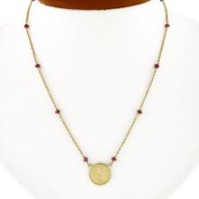 16.5 14k Gold Ruby by the Yard Chain w/ 18k Cherub Angel Round Pendant Necklace