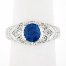 NEW 14k Gold GIA Half Bezel Round Sapphire w/ Diamond Milgrain & Wheat Work Ring