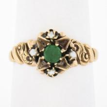 Antique Victorian 10k Rosy Yellow Gold Emerald & Seed Pearl w/ Scroll Work Ring