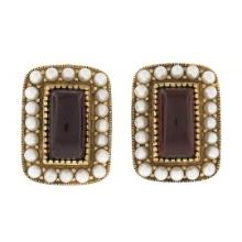 Vintage 14K Yellow Gold Cabochon Garnet w/ Seed Pearl Halo Rectangular Earrings