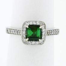 Platinum 1.51 ctw Square Step Cut Green Tourmaline Solitaire Ring w/ Diamond Hal