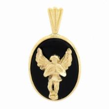 14k Gold Oval Bezel Set Black Onyx w/ Detailed 3D Angel Polished Frame Pendant