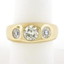 NEW Mens 18K Yellow Gold 1.96 ctw GIA Old European Diamond 3 Stone Gypsy Band Ri