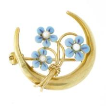 Antique Art Nouveau 14k Gold Crescent Moon Blue Enamel Seed Pearl Flowers Brooch