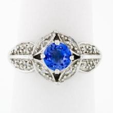 18k White Gold Brilliant Tanzanite Solitaire w/ Diamond Halo Star Flower Ring