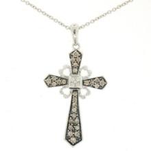 14k White Gold .70 ctw Fancy Brown Diamonds on Black Cross Pendant w/ 18" Chain