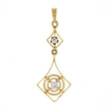 Antique 14K Gold 0.12 ctw Round Diamond Open Target Drop Dangle Lavalier Pendant