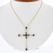 18k Yellow Gold Square Bezel Amethyst Large Geometric Cross Pendant & 14k Chain