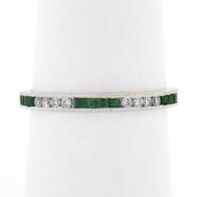 18k White Gold 0.55 ctw Square Emerald & Round Diamond Milgrain Eternity Band Ri