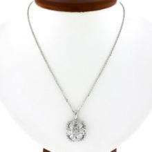 14k White Gold 1.10 ctw Round & Baguette Diamond Cluster Pendant & 18" Chain