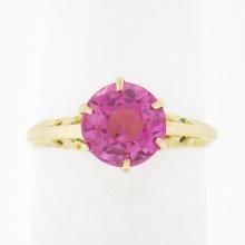 Antique Victorian 10k Gold GIA Lab Grown Old Round Pink Sapphire Solitaire Ring