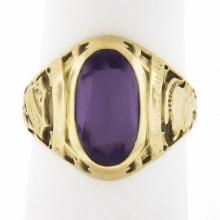 Collectible Antique 14k Yellow Gold Oval Bezel Set Amethyst Detailed Class Ring