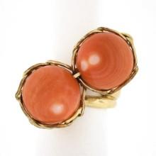 Vintage 14K Gold 12.4mm Ball Orange Coral Handmade Wire Basket Large Bypass Ring