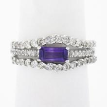 14k White Gold 0.77 ctw Amethyst Solitaire & Diamond Wavy Insert Band Ring Set