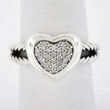 David Yurman Sterling Silver 0.25 ctw Pav Diamond Heart Dual Cable Cluster Ring