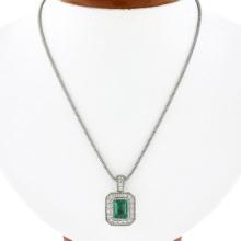 14k White Gold GIA Emerald Cut Emerald Diamond Mil grain Halo Pendant & 18" Chai