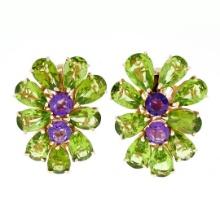 Large 14K Rose Gold Pear Green Peridot & Amethyst Happy Colorful Cluster Earring