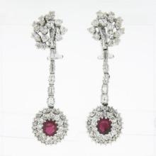 Vintage 14k Gold GIA Burma NO HEAT Ruby Diamond Flower Dangle Statement Earrings