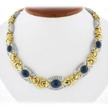 18K TT Gold 38 ctw GIA Bezel Cabochon Sapphire & Pave Diamond Fancy Link Necklac