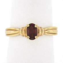 Simple 14K Yellow Gold Oval Prong Set Garnet w/ Grooved Sides Solitaire Ring