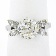 Vintage Platinum 2.58 ctw GIA European Diamond w/ Marquise Accents Engagement Ri