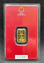 Munze Ostereich 2 Gram .9999 Fine Gold Bullion Bar