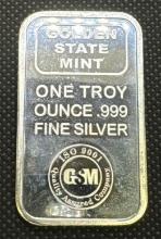 Golden State Mint 1 Troy Oz .999 Fine Silver Bullion Bar