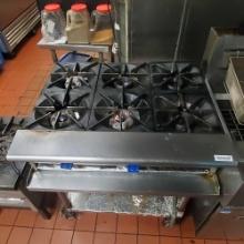 American Range commercial 6 burner stove top on stainless steel rolling cart