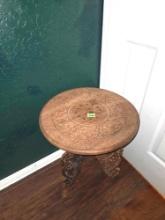 Vintage Hand Carved Wood Table. Portable , Top Comes Off and Legs Fold Up. 20 Inch Diameter Top and