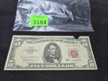 1963 Series, $5 US Note, Red Ink.