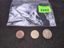 3- Early US Coins. 1929 Standing Liberty Quarter, 1867 5 Cent Piece, and 1906 Indian Head Penny .