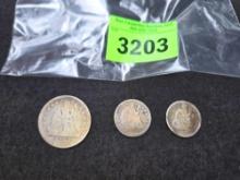 3-Early US Coins. 1853 Quarter, 1853 Dime, and 1875 Dime. All one Money.