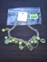 Ornate Esmar Green Beads and Stones with Silver Toned Link Chain Neclace. New . Designed in USA.