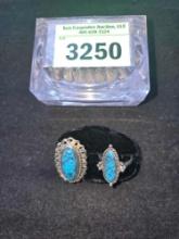 2 Ring Set in Box. Adjustable Sizes, Silver Toned with Blue Stones. No Stamp Found. Fashion.