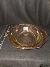 Vintage, Large Pink Glass Bowl with Handles.