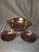 Vintage, Red Glass Serving Bowls. 2- Small and 1 Large all with Handles. All one Money.