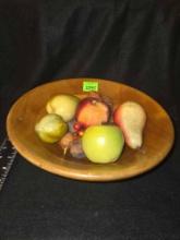 Large Wood Bowl on Silver Plated Pedestal, with Decorative Fruit and Nuts.