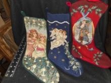 3 Assorted Embroidered Christmas Stockings with Velvet Backing. All one Money.